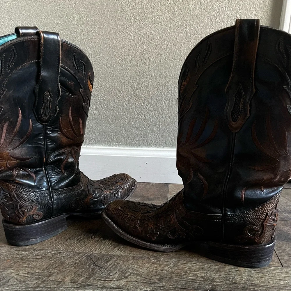 Corral Boots Cognac‎ Teju Lizard Cross Overlay Square Toe Cowgirl C2680 size 8.5 - Picture 11 of 16